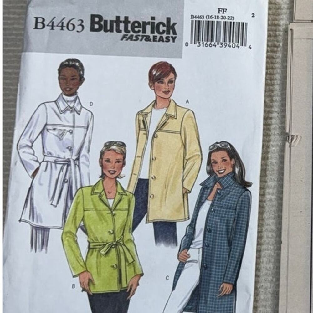 Butterick B4463 Sewing Pattern Size 16-18-22 Jacket Trench Coat Outerwear Uncut